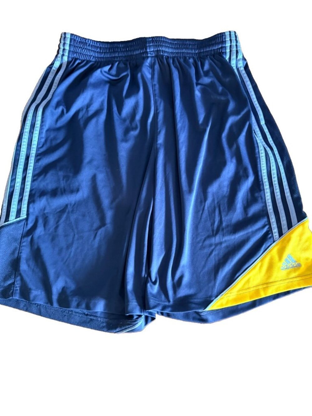 Adidas Shorts Mens Med Navy Blue Yellow 3 Stripe Athletic 10 Inseam Pockets XL